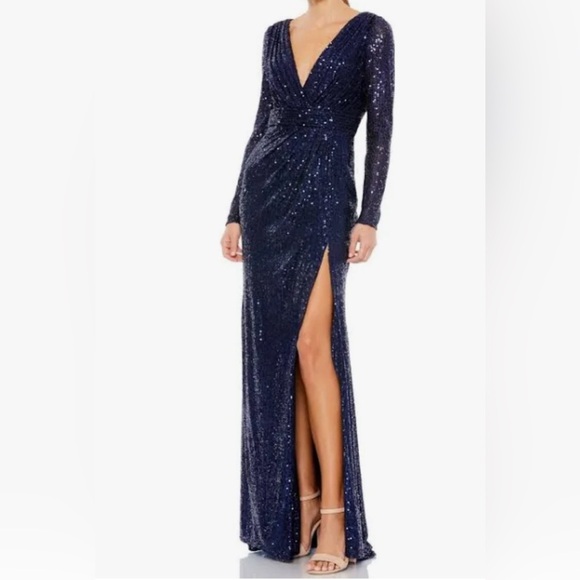 Ieena For Mac Duggal Black Sequin Long Sleeve Faux Wrap Gown Size 10 NWT - Picture 1 of 13